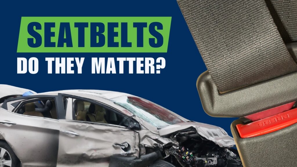 Damaged car after a crash with seatbelt close-up asking if seatbelts affect personal injury cases